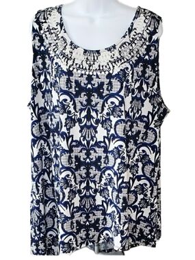 Alfani Navy & White Ornate Sleeveless Tank Top, 3X